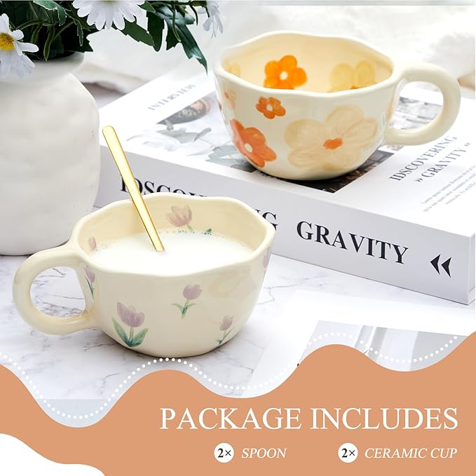 Vesici 2 Pcs Ceramic Coffee Mugs with Spoon, Vintage Floral Spring Mugs with Handle, 8.5 oz Aesthetic Flower Porcelain Tea Cup Set, Dishwasher & Microwave Safe Mothers Day Gifts for Mom(Charming)