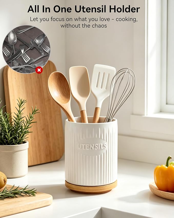 360° Rotating Utensil Holder, 7.6" Large Ceramic Kitchen Utensil Holder for Countertop with Rotatable Bamboo Base, Stable Cooking Utensil Crock, Farmhouse kitchen Decor, White