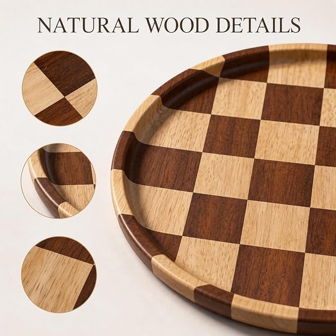 11 Inch Checkered Tray Round Wooden Trays for Decor, Acacia Wood Decorative Plate for Coffee Table, Kitchen Counter, Bathroom Vanity, Candle Holder & Table Centerpiece