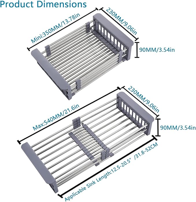 Dish Drying Rack, Stainless Steel Dish Drainer with Adjustable Arms Holder Functional Kitchen Sink Organizer for Vegetable and Fruit, Gray Large
