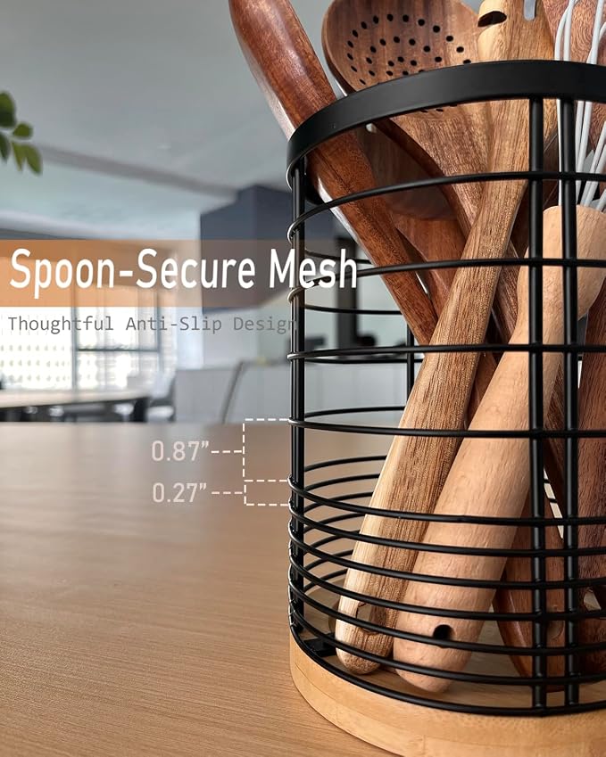 7.2“ Kitchen Utensil Holder with Removable Dividers, Large Countertop Organizer for Cooking Tools, 4 Partitions Mesh Utensil Holder with Bamboo Base ,Matte Black