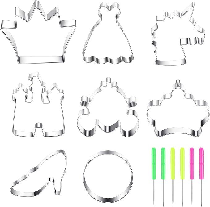8 Pieces Princess Cookie Cutter Set with Crown, Dress, Castles, Unicorn Head Shapes Stainless Steel Fondant Biscuit Cutters and 6 Pieces Sugar Stirring Pins