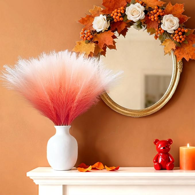TORONTOKYO Burnt Orange Pampas Grass Fall Decor, 50Pcs 21.6 inch Artificial Faux Pompas Grass Small Fluffy Arrangement for Wedding Boho Home Autumn Decor Vase Filler