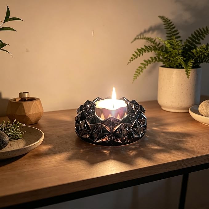 Diamond Glass Candle Holder, Clear Glass Candle Dish for Home Decor, Decorative Modern Candle Tray for Small Candles & Diffusers (Slate Gray)