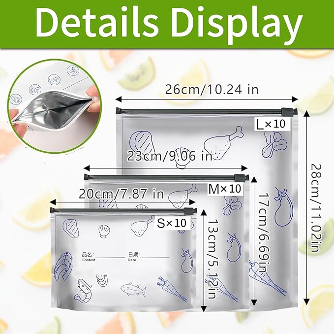 30pcs Reusable Aluminum Foil Storage Bags, Resealable Vacuum Zipper Pouches for Food, Stand-Up Thickened Foil Sealable Bags with Label, for Vegetable Fruit Meat (30, Large, Medium, Small)