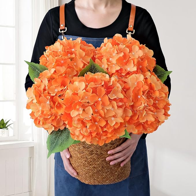 JINWOE 5Pcs 20Inch Orange Artificial Hydrangeas, Full Silk Flower Heads with Stem, Halloween Fake Hydrangea Flowers for Wedding Home Garden Centerpiece Floral Arrangements