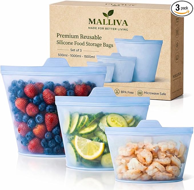 Reusable Silicone Food Storage Bags, 3 Pack (17oz, 34oz & 51oz), Stand Up Ziplock Bags for Meal Prep, Snacks & Sandwiches, Travel, BPA Free, Freezer, Microwave & Dishwasher Safe