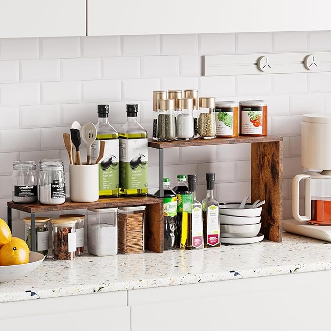 Kitchen Countertop Organizer, Spice Rack Cabinet Organizer Shelf Stackable Counter Corner Shelves Organization and Storage for Pantry, Counter top, Coffee Station Wood Rustic Brown