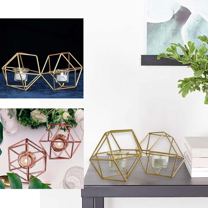 Efavormart 11.5" Rose Gold Geometric Candle Holder Set 2 Metal Geometric Centerpieces Joint Together
