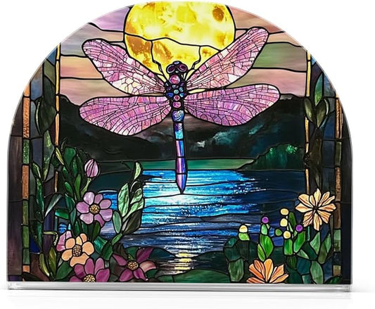 Fustylead Colorful Stained Glass Dragonfly Floral Napkin Holder for Table Acrylic Cocktail Napkin Holders Small Decorative Napkin Dispenser for Home Party Holiday Dining Kitchen Accessories