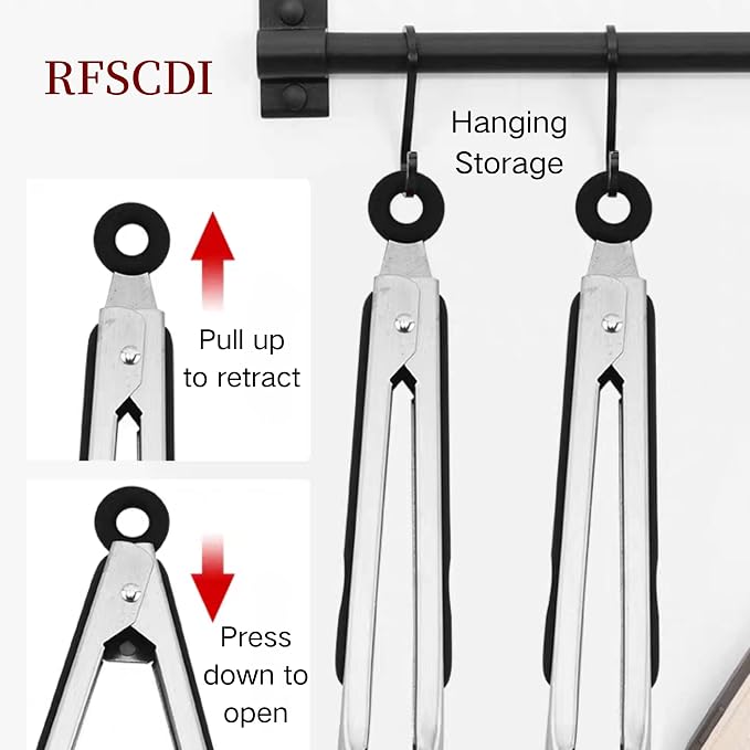 Stainless Steel Kitchen Tongs & Basting Brush Set – Heat Resistant Up to 600°F, Metal Locking Tongs for Cooking, Grilling, Baking & Barbeque (Silver, 9+12 inch)