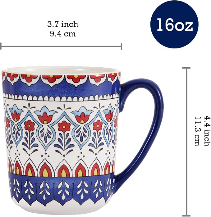 Bico Boho Totem Ceramic Coffee Mugs Set of 4, 16 oz Large Tea Cups with Handle, Aesthetic Latte Mugs for Cappuccino Cocoa, Lead-Free, Dishwasher and Microwave Safe, Housewarming Gift