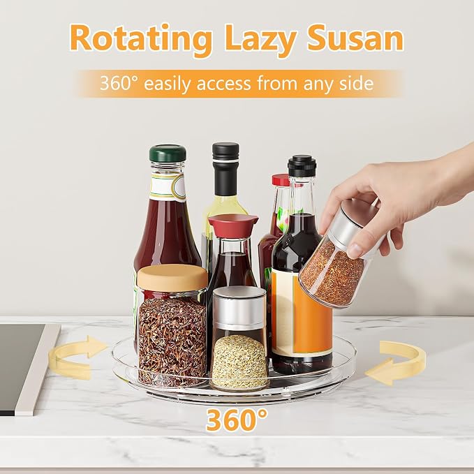 4 Pack 9 Inch Clear Lazy Susan Turntable Organizer, Non-Skid Rotating Tray for Cabinet, Kitchen Pantry Organization and Storage, Acrylic Spinner for Refrigerator, Bathroom Vanity and Spice Rack