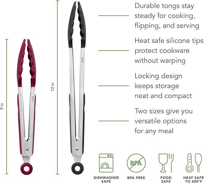 Tovolo Stainless Steel Tongs with Silicone Tip Set 9" 12" with Easy Lock Mechanism for Grilling Air Fryer Cooking Serving Salad, Heat Resistant Silicone Tipped Kitchen Tongs Sangria Red Black