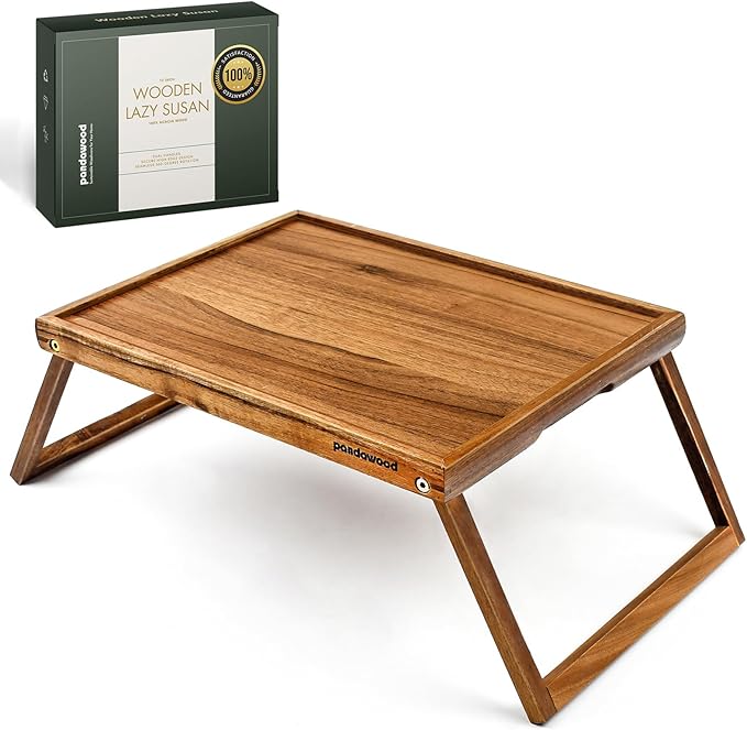 PANDAWOOD Acacia Wood Bed Tray Table - Large Folding Breakfast in Bed Tray with Legs - Laptop Lap Desk for Eating on Couch - TV Dinner Tray with Handles (Wood)