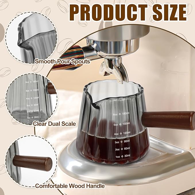 2Pcs Espresso Shot Glass, 6oz Espresso Cups with 2Pcs Coffee Measuring Spoon, Expresso Shot Cup with V-Shape Mouth, Milk Frothing Pitcher, Glass Measuring Cup Expresso Accessories (Grey)