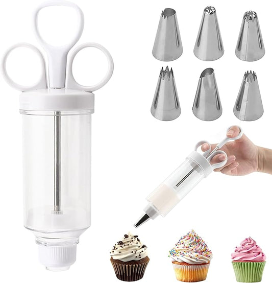 Hendiy Cake Decorating Set, Cupcake Icing Piping Kit, Frosting Piping Injector Kit with 6 Stainless Steel Icing Nozzles, Dessert Decorating Gun for DIY Cake Decorator, White