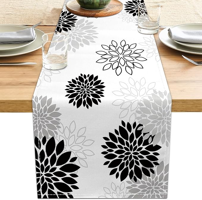 Dahlia Flower Table Runner 13x71 Inch Farmhouse Black Gray Runners Modern Table Decorations Rustic Geometric Coffee Table Runner for Home Kitchen Dining Room Party (13"x71", Dahlia Floral-Black)