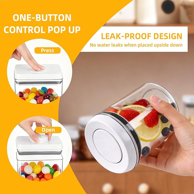 Pop Airtight Food Storage Containers with Lids, Push Button Seal BPA-Free for Kitchen Pantry Organization, 3 Pcs 0.65Qt/0.7Qt/1.8Qt for Cereal, Flour, Sugar, Snacks Dry Food Storage