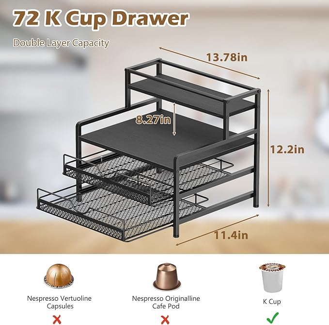 OGEMXU Coffee Bar Organizer, Coffee Pod Organizer,3 Tier Coffee Syrup Rack Organizer,72 K Cup Storage for Counter Storing K Cup,Coffee Syrups, Coffee Makers and Other Coffee Supplies-Black