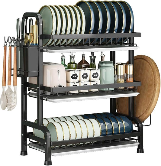 KUK 3 Tier Dish Drying Rack, Stainless Steel Over The Sink Dish with Drain Tray, Kitchen Dishes Drying Racks, Dish Racks for Kitchen Counter Storage (Black)