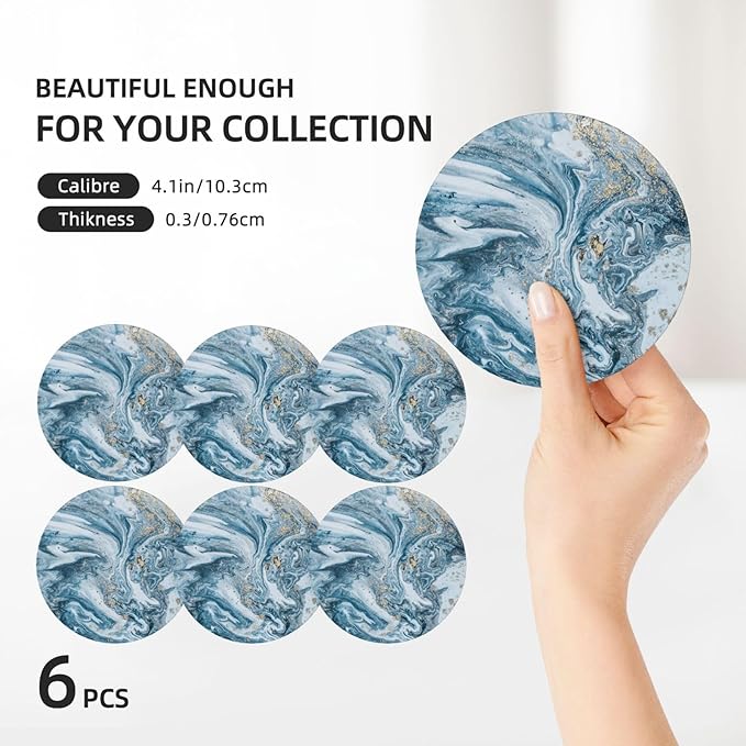 Royal Blue Marble 6Pcs Coaster Set with Holder Round Ceramic Coasters Modern Abstract Teal/Aqua Blue Marbling Absorbent Cup Drink Coasters Set for Modern Coffee Table Bar Wine Beer Stone Coasters