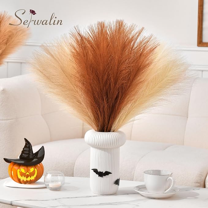 Serwalin 60pcs Orange Pampas Grass Decor, 17.7Inch Fall Artificial Pampas Grass, Faux Pampas Flower Arrangement for Home Decor Wedding Party Centerpieces Decoration Vase Filler