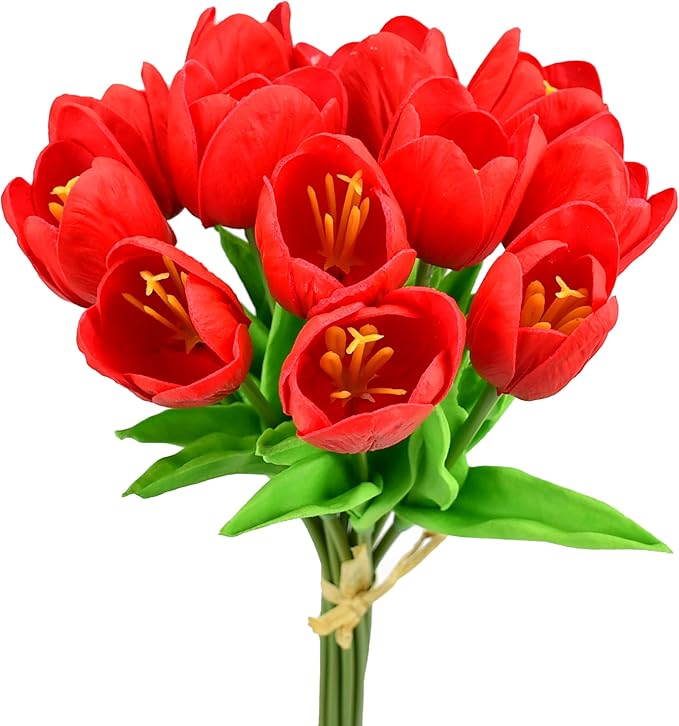 Mandy's Red Partially Open Artificial Tulips Flowers Centerpiece, 13.5" Lifelike PU Fake Floral Stems 12pcs for Kitchen Island & Dining Table, Spring Decor for Easter
