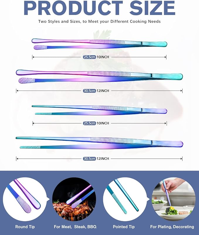 4 Pcs Fine Long Tweezer Tongs Professional Rainbow, 12'' and 10'' Stainless Steel for Kitchen, Food, Cooking, Repairing, Sea food and BBQ