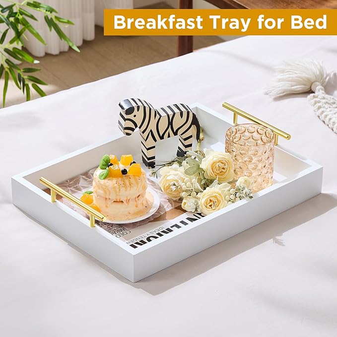 16"x12" Serving Trays with Handles, White Decorative Serving Tray, Ottoman Trays, Living Room, Bathroom, and Outdoors Decorative Trays (White)