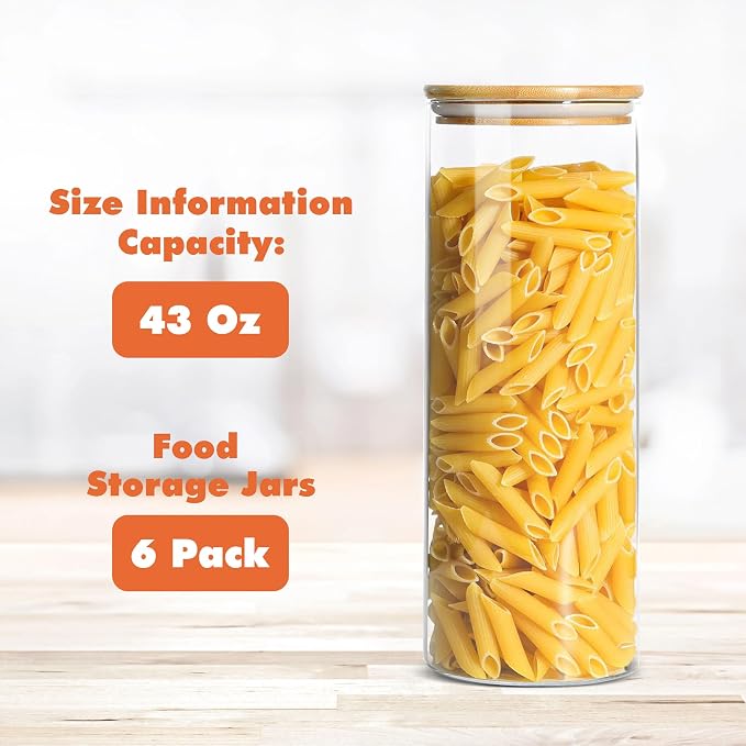 Glass Storage Containers with Airtight Bamboo Lids,Round Glass Jars Pantry Organizers,Perfect for Kitchen Organization - Flour, Rice, Pasta, Sugar, Coffee Beans, Accessories Included (43oz*6)