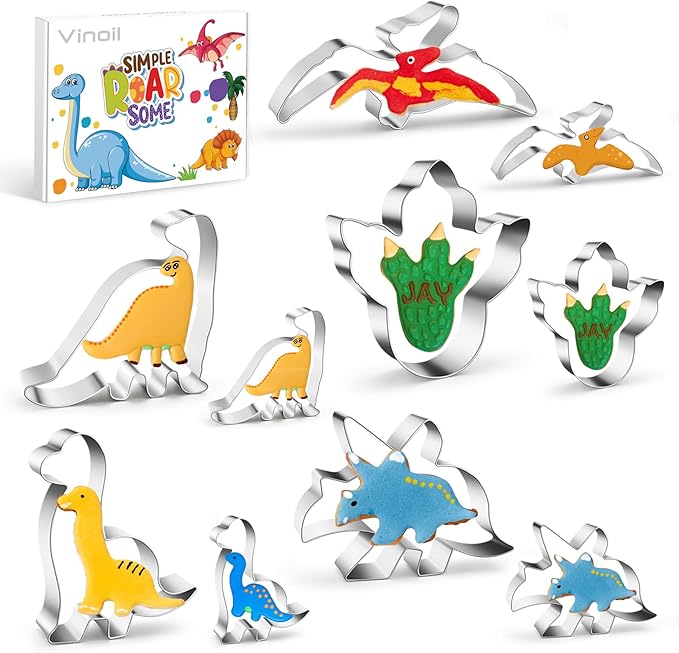 Dinosaur Cookie Cutters Set, 15-Piece Large Stainless Steel Molds - T-Rex, Brontosaurus, Triceratops, Pterodactyl, Footprint - Perfect for Kids Themed Birthday Party, Baking, Sandwiches, and DIY Fun