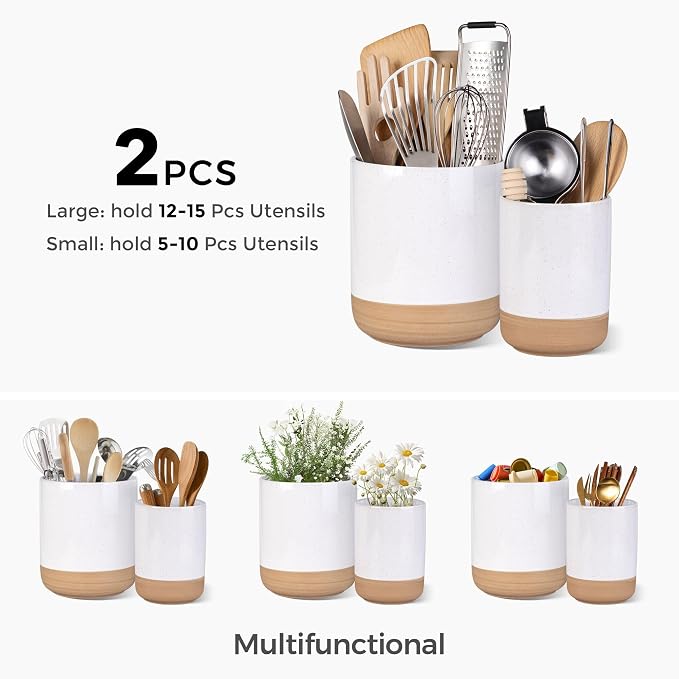 AmorArc Ceramic Utensil Holder, 7.25"+5.4" Cooking Utensil Crock for Countertop, Kitchen Countertop Organizer with Rustic Terracotta Underside for Spatula, Set of 2