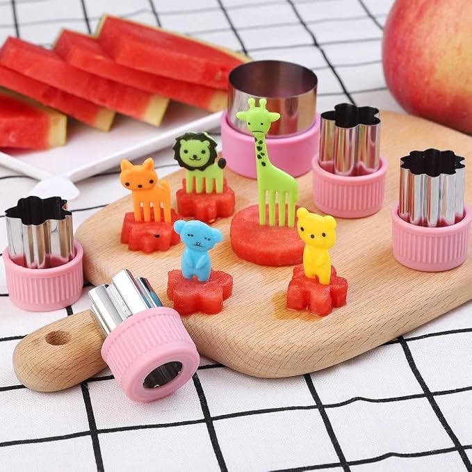 Vegetable Cutter Shapes Set for Kids – 20 Stainless Steel Mini Cookie & Fruit Cutters + 20 Cute Animal Food Picks & Forks – Bento Tools for Baking, Sandwich, Cheese, and Lunch Prep