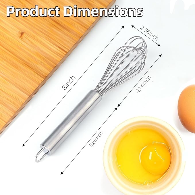 Stainless steel Small whisk for cooking, whisk is crafted with 8 thicker wire diameters, solving the problem that ordinary whisks tend to bend or break during vigorous mixing.(8 inches)
