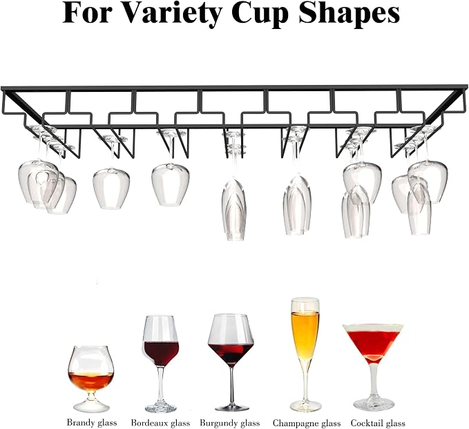 7-Row Stemware Rack - Under Cabinet Wine Glass Holder - Black Metal Hanging Shelf for Kitchen and Bar - Holds Up to 22 Glasses