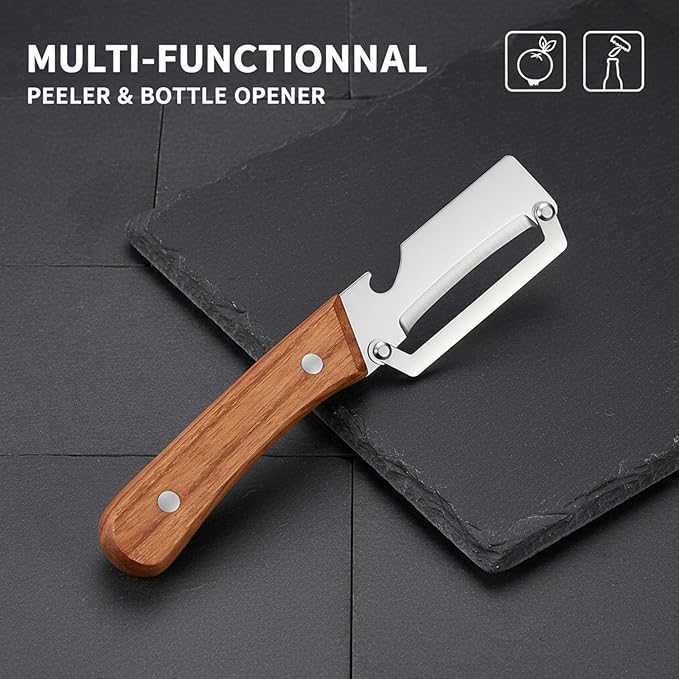 Sakerplus Multifunctional Vegetable Peeler, Ergonomic Wooden Handle Stainless Steel Blade, Contour-Flow for Kitchen Prep, Camping, and Outdoor Cooking (5 pc)