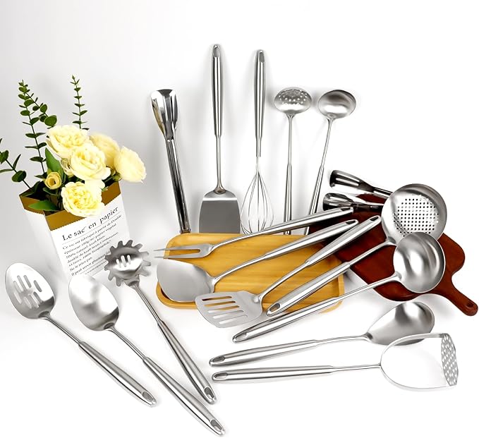 304 Stainless Steel Cooking Utensils Set, 16PCS Stainless Steel Kitchen Utensils Set, Metal Kitchen Utensils Set Include Meat Fork, Tongs, Turner, Soup Ladle, Dishwasher Safe