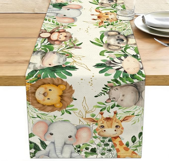 Elephant Giraffe BabyShower Table Runner, Seasonal Spring Summer Decoration for Tables Rustic Summer Decorations for Living Room Kitchen Home Party Indoor Outdoor Table Decor 13 x 72 Inches