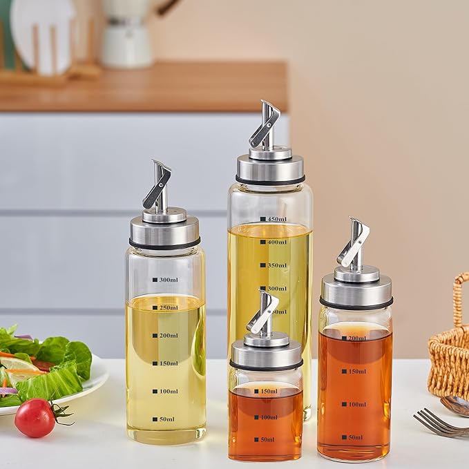 Verdental 15 oz Glass Olive Oil Dispenser Bottle for Kitchen Stainless Steel Cruet Pourer Spout for Oil Vinegar Coffee Syrup Soy Sauce Other Liquids with Non-slip Silicone Ring and Labels (450ml)