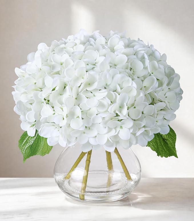 Artificial Hydrangea Flowers Arrangements in Glass Vase for Home Decoration, Faux Hydrangea Flowers for Floral Arrangements with Faux Water Wedding Bouquets Kitchen Table Centerpiece Decor