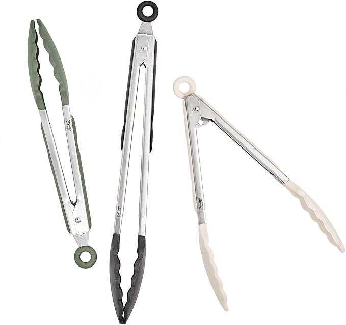 Tovolo Stainless Steel Tongs with Silicone Tip 9” 9” 12 Inch Oatmeal Thyme Green Black Heat Resistant Kitchen Tongs for Cooking Grilling Air Fryer, Stainless Steel Dishwasher Safe Metal Tong Set of 3