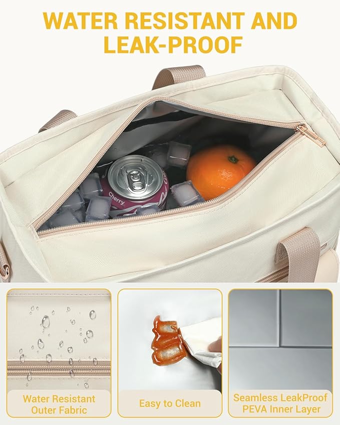 RalChyez Lunch Box for Women, Large Lunch Tote Leakproof Adult Lunch Bag Insulated Lunch Cooler Purse with Storage Pocket for Work Picnic Beach Trip Beige