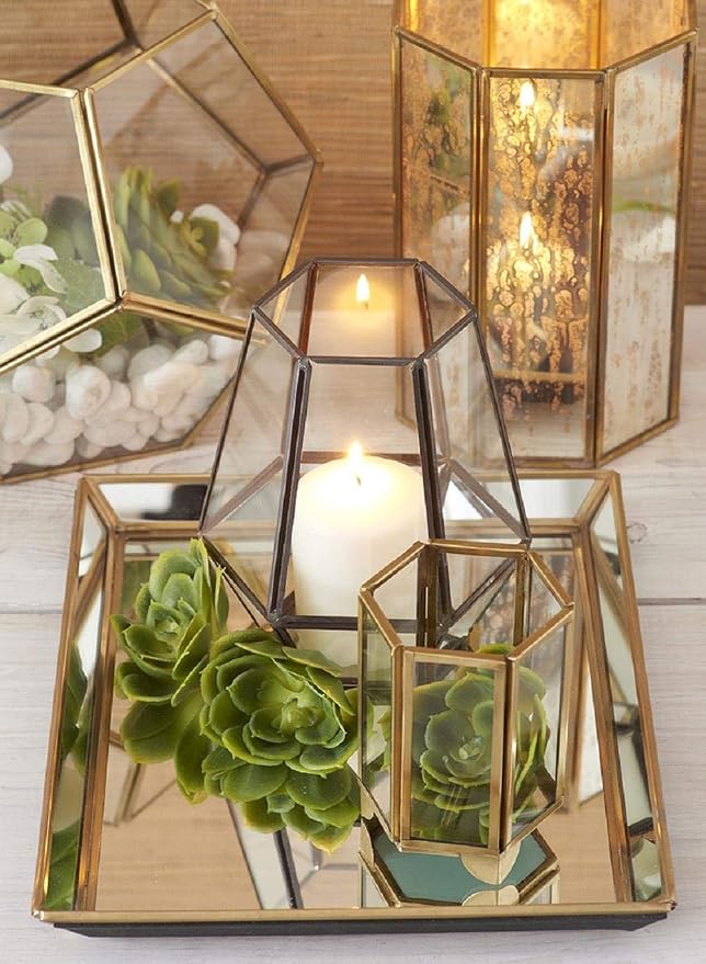 Serene Spaces Living Gold Hexagon Glass Tea Light Holder, Small Size, Measures 4 inches Tall
