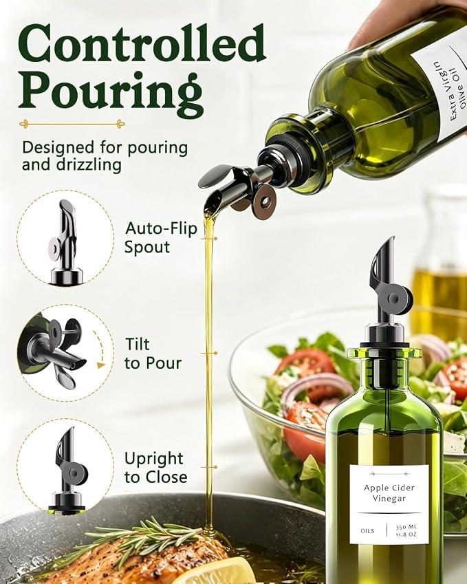 COOLMI Olive Oil Dispenser Set of 2, Dark Green Glass Bottles, 12 oz | Black Auto-Flip Drip-Control Spouts, Funnel, 2 Brushes, And 45 Labels For Oil, Vinegar, Soy Sauce, And Syrup.