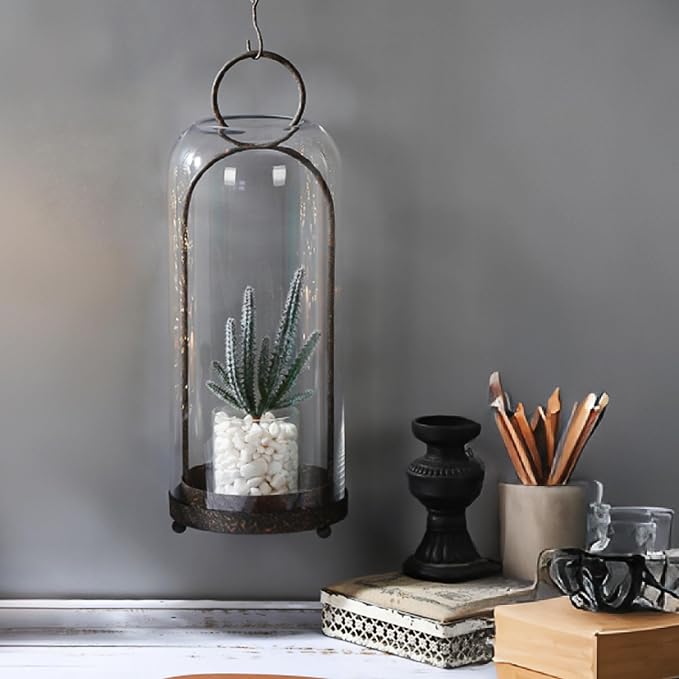 20" High Versatile Modern Metal Hurricane Lantern with Handmade Sturdy Glass Dome in Rustic Brown for Pillar Candle & Plants, Industrial, Farmhouse, Shabby Chic (Brown, 7.5"x20")