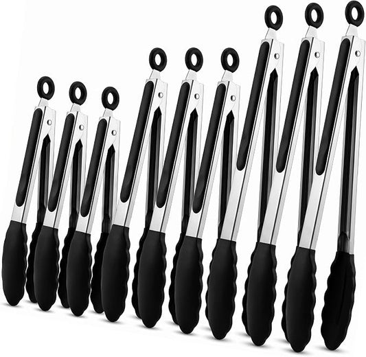 9 Piece Kitchen Tongs with Silicone Tips, 7,9,12 inch Stainless Steel Tongs for Cooking, Heat Resistant Cooking Tong, Non Stick Locking Silicone Tong for BBQ Salad Grill Frying Serving, Black