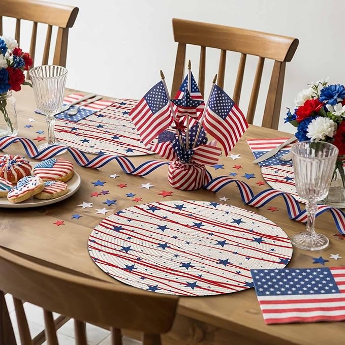 4th of July Round Placemats Set of 8 Patriotic Stars Place Mats Independence Day Woven Placemat Freedom Red Stripes Circle Braided Table Mat for Kitchen Dining Table Holiday Party Decor 15 Inch