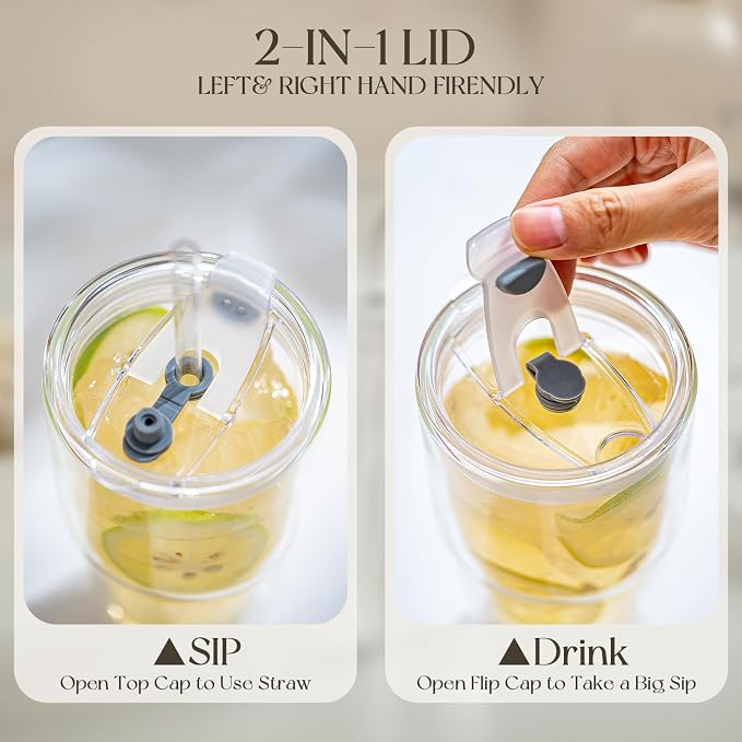 KEMORELA 2PCS 20oz Double Wall Glass Tumblers with Lids and Straws – Insulated Borosilicate Glass Matcha Cups for Iced Matcha Latte, Smoothies, Reusable Travel Glass Cups – Leak Proof 2-in-1 Lid
