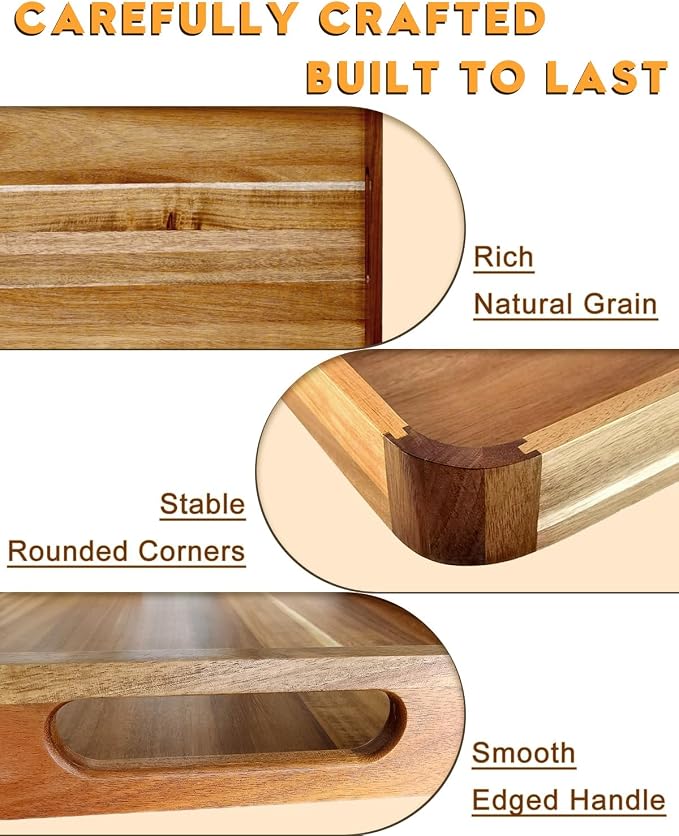 26" x 17" Acacia Wood Serving Tray with Handles & Rounded Corners | Huge Rectangular Wooden Ottoman Tray for Living Room, Kitchen, Coffee Table, Food Serving